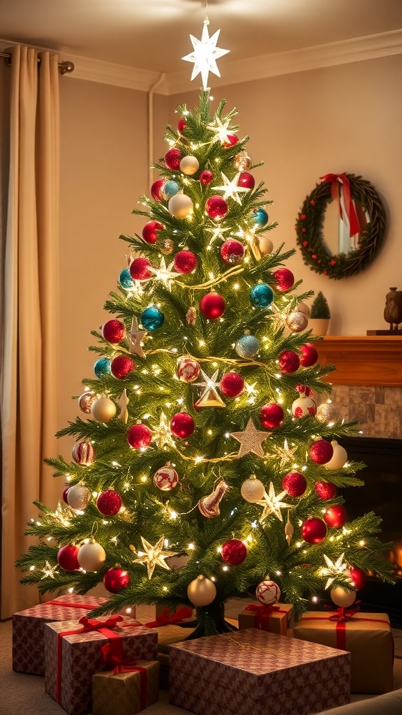 A festive Christmas tree with lights and ornaments in a cozy living room.